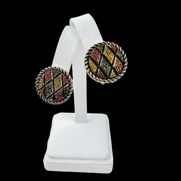 Sarah Coventry Mosaic Necklace Round Pendant and Clip Earrings Set Colorful Vtg - Picture 4 of 12